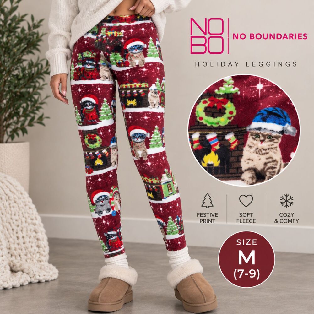 No Boundaries Christmas Cat Velour Leggings M 7-9 Plush Holiday Pajama Pants